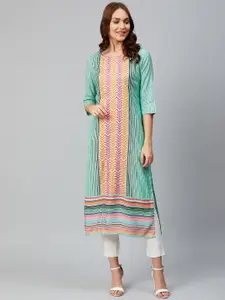 AURELIA Women Green & Black Yarn Dyed Self-Striped Dobby Weaved Straight Kurta