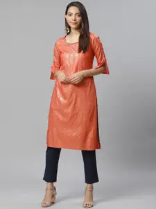 AURELIA Women Peach-Coloured & Golden Printed Straight Kurta