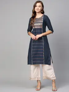 AURELIA Women Navy Blue & Golden Printed Straight Kurta