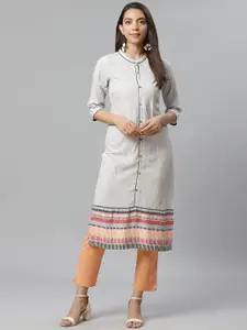 AURELIA Women White & Black Yarn-Dyed Striped Straight Kurta
