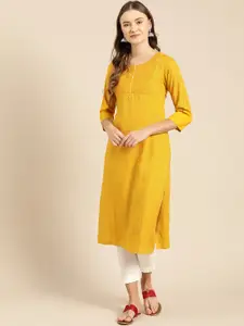 IMARA Women Mustard Yellow Yoke Design Straight Kurta