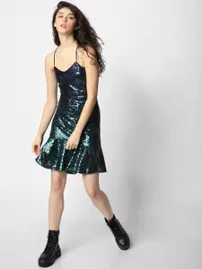 ONLY Navy Blue Self Design Sequin Sheath Dress