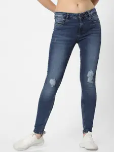 ONLY Women Blue Carmen Skinny Fit Mid-Rise Low Distress Stretchable Jeans