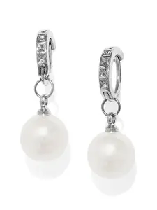 OOMPH White & Silver-Plated Handcrafted Pearl Studded Circular Drop Earrings