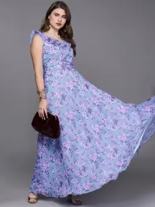 Ethnovog Women Blue  Pink Floral Printed Made To Measure Maxi Dress with Ruffles