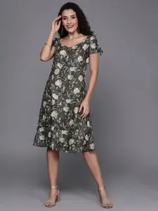 Ethnovog Women Charcoal Grey  Green Floral Printed Made To Measure A-Line Dress
