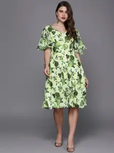 Ethnovog Women Green  Yellow Floral Printed Made To Measure Fit and Flare Dress