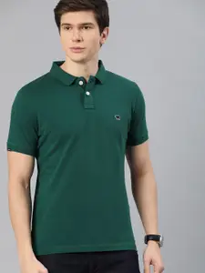THE BEAR HOUSE Men Green Solid Slim Fit Polo Collar Pure Cotton T-shirt