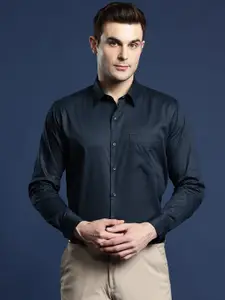 Hancock Men Navy Blue Solid Slim Fit Pure Cotton Formal Shirt