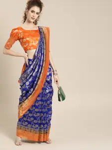 Saree mall Blue & Orange Silk Blend Woven Design Banarasi Saree