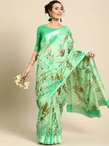 Saree mall Green & Brown Printed Cotton Blend Saree