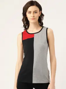 Rute Women Grey Melange & Black Colourblocked Round Neck T-shirt
