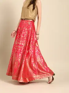 Varanga Women Fuchsia Pink & Gold-Toned Brocade Long Skirt With Flared Hemline