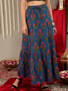 Varanga Blue & Red Printed Tiered Skirt With Pom Pom Detailing