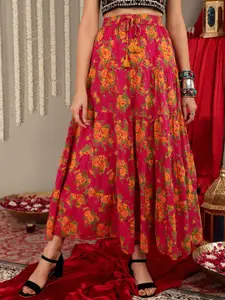 Varanga Women Pink & Mustard-Yellow Printed Tiered Skirt With Lace Detailing