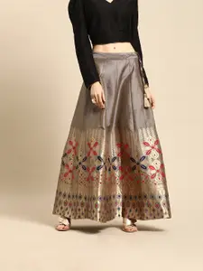 Varanga Women Grey & Golden Woven Design Flared Panelled Maxi Skirt