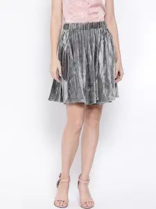 Oxolloxo Women Grey Solid Crushed Velvet A-Line Mini Skirt