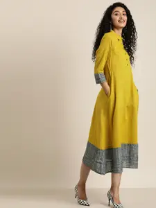 Taavi Women Mustard Yellow Self Design Woven Legacy A-Line Sustainable Dress with Pockets