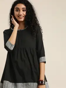 Taavi Black Woven Legacy A-Line Longline Pure Cotton Sustainable Kurtis with Gathers