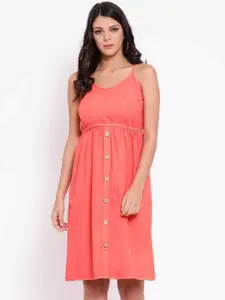 Oxolloxo Women Coral Pink Solid Fit and Flare Dress