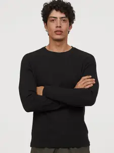 H&M Men Black Solid Waffled Jersey Sustainable Top