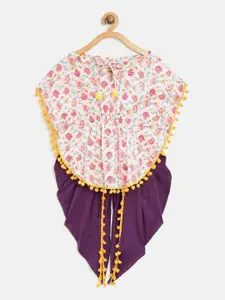 BownBee Girls White & Purple Printed Top with Dhoti Pants