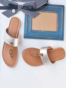 Street Style Store Women Gold-Toned & Brown Colourblocked T-Strap Flats