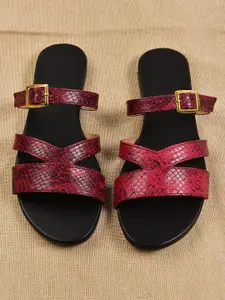 Street Style Store Women Maroon & Black Snakeskin Textured Open Toe Flats