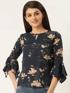 Style Quotient Women Teal Blue & Beige Floral Printed Top