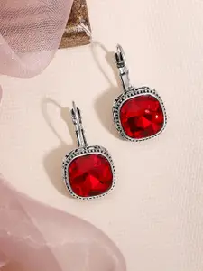 Rubans Silver-Toned & Red Square Drop Earrings