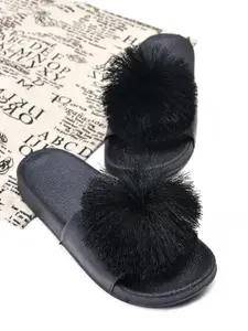 Street Style Store Women Black Pom Pom Detail Open Toe Flats