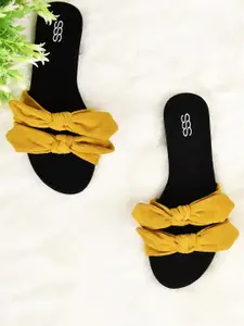 Street Style Store Women Mustard Yellow Solid Open Toe Flats with Bow Detail