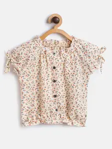 Gini and Jony Girls Cream-Coloured & Orange Floral Print Blouson Top with Camisole