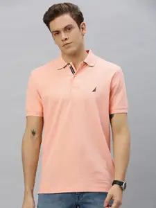 Nautica Men Pink Solid Polo Collar Pure Cotton T-shirt