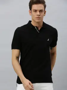 Nautica Men Black Solid Polo Collar Regular Sleeves Embroidered Pure Cotton T-shirt