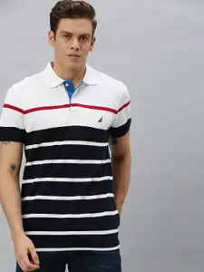 Nautica Nautica Men White & Navy Blue Striped Polo Collar Pure Cotton T-shirt