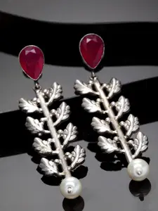 PANASH Silver-Toned & Red Leaf Shaped Drop Earrings