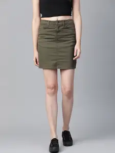 Roadster Women Olive Green Solid Straight Skirt