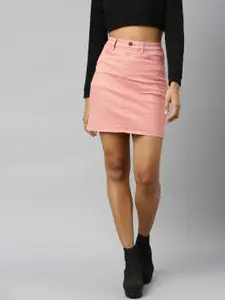 Roadster Women Pink Denim Straight Skirt