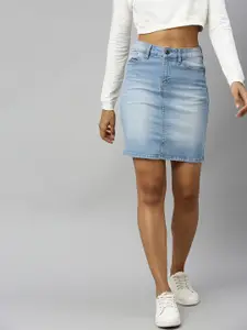 Roadster Blue Washed Denim Straight Skirt