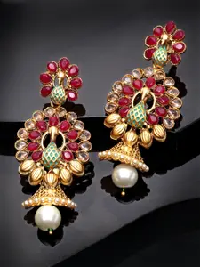PANASH Gold-Plated & Red Peacock Shaped Handpainted Drop Earrings