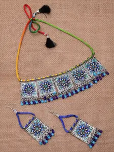 PANASH Silver-Plated & Blue Enamelled Beaded Handcrafted Afghan Necklace