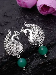 PANASH Green & Silver-Plated Oxidised Peacock Shaped Drop Earrings