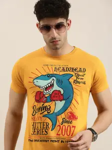Conditions Apply Men Mustard Yellow  Blue Printed Round Neck Pure Cotton T-shirt