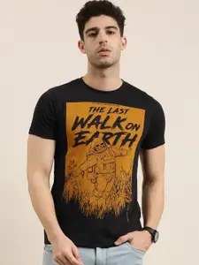 Conditions Apply Men Black  Mustard Yellow Printed Round Neck Pure Cotton T-shirt