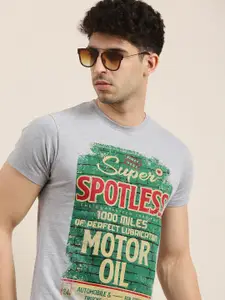 Conditions Apply Men Grey Melange  Green Printed Round Neck Pure Cotton T-shirt