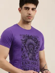 Conditions Apply Men Violet  Black Printed Round Neck Pure Cotton T-shirt
