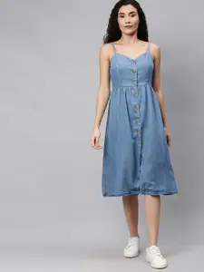 ONLY Women Blue Solid Chambray A-Line Dress