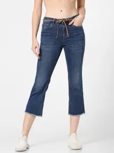ONLY Women Blue Kenya Sweet Flared Mid-Rise Clean Look Stretchable Cropped Jeans