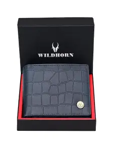 WildHorn Men Blue Crocodile Skin Textured RFID Protected Genuine Leather Two Fold Wallet